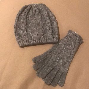 Grey knit, with silver sparkle hat & glove set